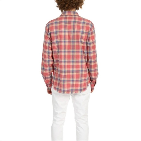 FRAME Fray Hem Flannel Top in Light Red Check Men's Size Small Preppy Plaid Boho - Picture 2 of 14